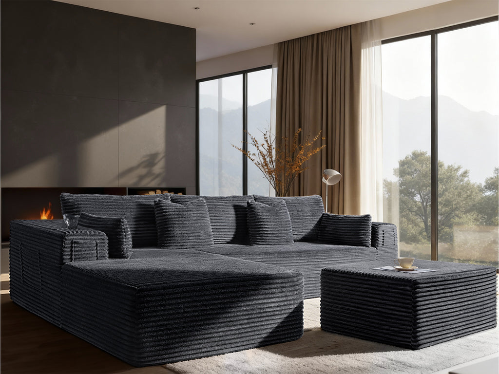VYUXWO 108" Cloud Sectional Couch, Comfort U Shaped Boneless Couch for Living Room, Extra Deep Seats No Assembly, Minimalist Modular Sofa, Corduroy (Dark Grey, 2 Seater + Left Facing Chaise + Ottoman)