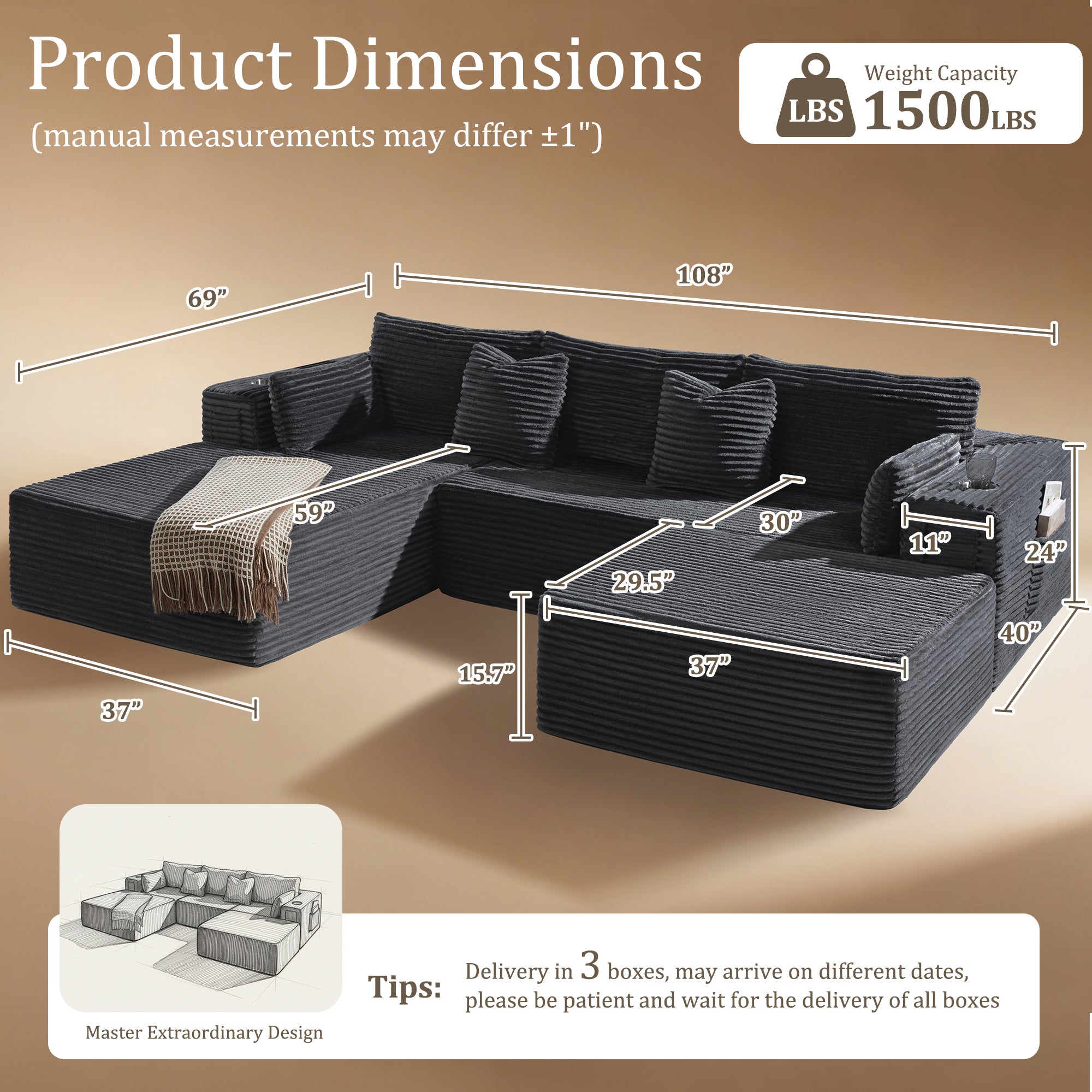 VYUXWO 108" Cloud Sectional Couch, Comfort U Shaped Boneless Couch for Living Room, Extra Deep Seats No Assembly, Minimalist Modular Sofa, Corduroy (Dark Grey, 2 Seater + Left Facing Chaise + Ottoman)