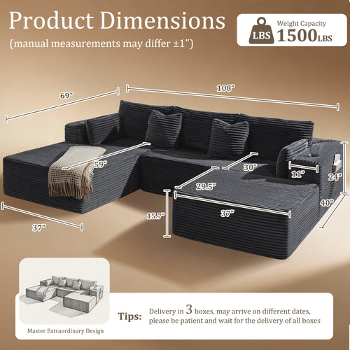 VYUXWO 108" Cloud Sectional Couch, Comfort U Shaped Boneless Couch for Living Room, Extra Deep Seats No Assembly, Minimalist Modular Sofa, Corduroy (Dark Grey, 2 Seater + Left Facing Chaise + Ottoman)