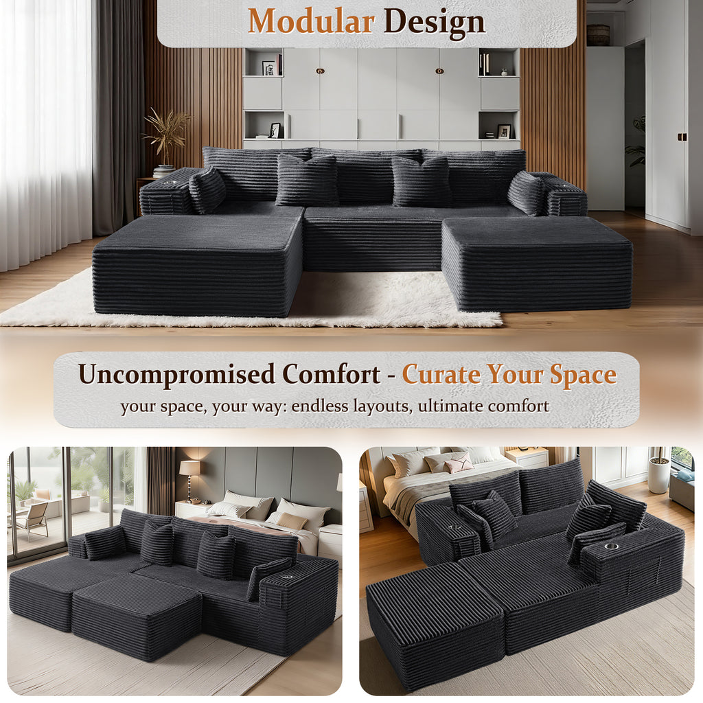 VYUXWO 108" Cloud Sectional Couch, Comfort U Shaped Boneless Couch for Living Room, Extra Deep Seats No Assembly, Minimalist Modular Sofa, Corduroy (Dark Grey, 2 Seater + Left Facing Chaise + Ottoman)