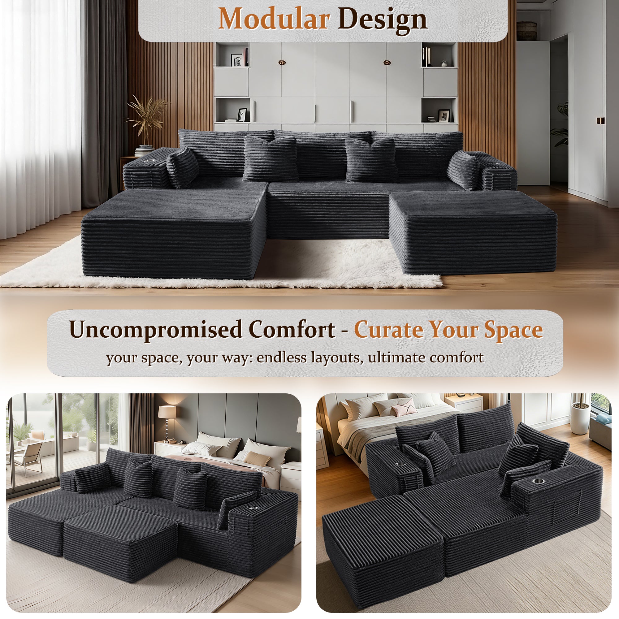 VYUXWO 108" Cloud Sectional Couch, Comfort U Shaped Boneless Couch for Living Room, Extra Deep Seats No Assembly, Minimalist Modular Sofa, Corduroy (Dark Grey, 2 Seater + Left Facing Chaise + Ottoman)