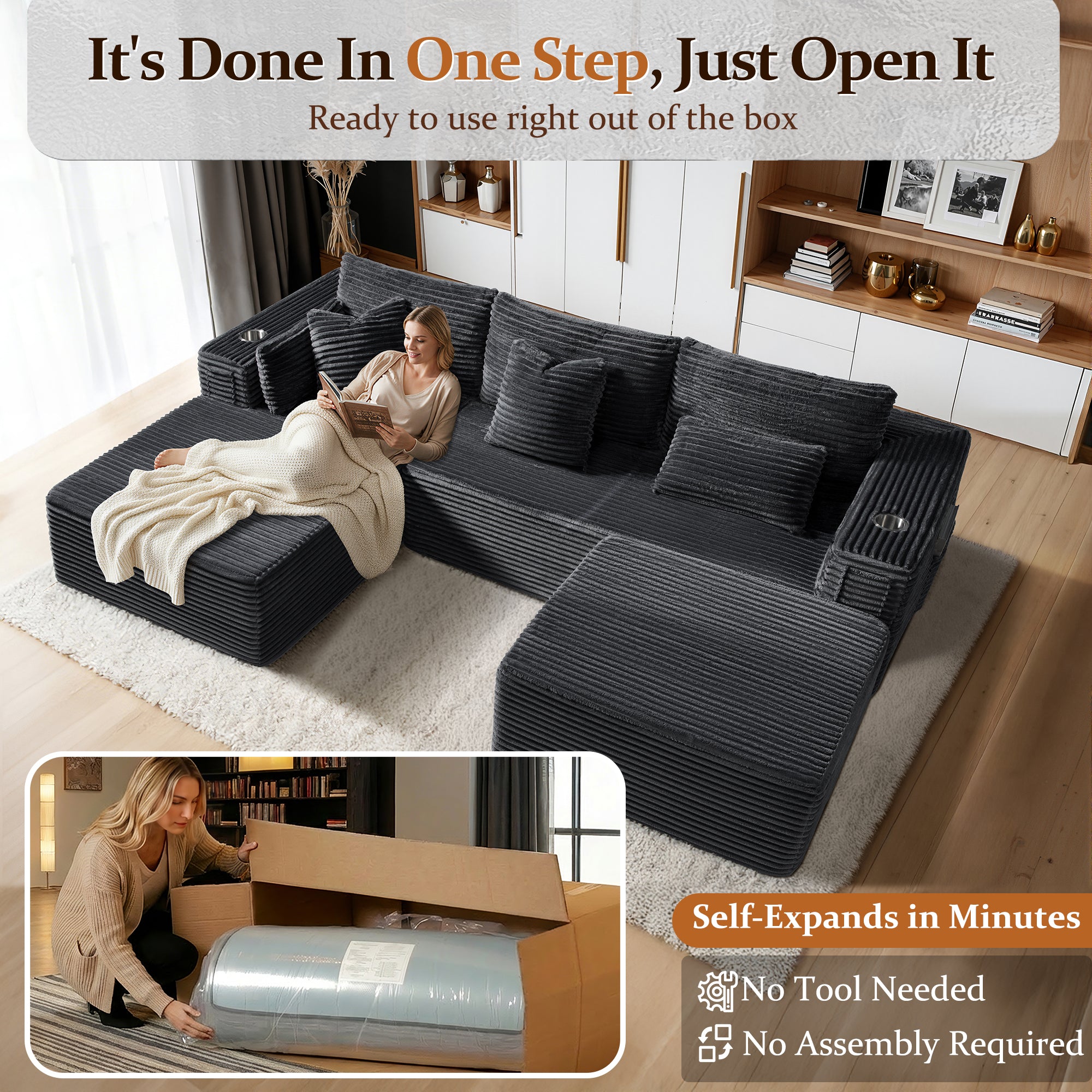 VYUXWO 108" Cloud Sectional Couch, Comfort U Shaped Boneless Couch for Living Room, Extra Deep Seats No Assembly, Minimalist Modular Sofa, Corduroy (Dark Grey, 2 Seater + Left Facing Chaise + Ottoman)