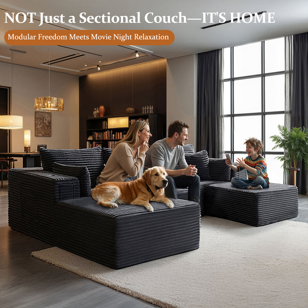 VYUXWO 108" Cloud Sectional Couch, Comfort U Shaped Boneless Couch for Living Room, Extra Deep Seats No Assembly, Minimalist Modular Sofa, Corduroy (Dark Grey, 2 Seater + Left Facing Chaise + Ottoman)
