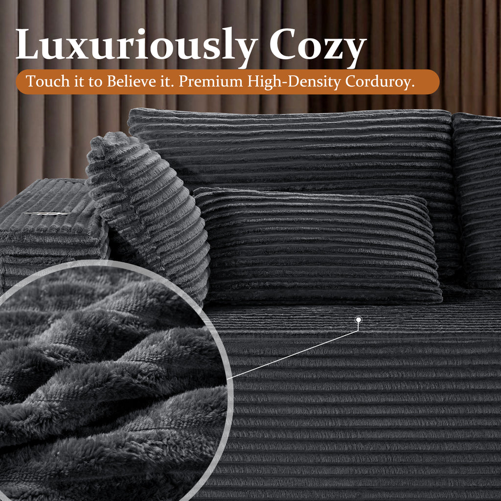 VYUXWO 108" Cloud Sectional Couch, Comfort U Shaped Boneless Couch for Living Room, Extra Deep Seats No Assembly, Minimalist Modular Sofa, Corduroy (Dark Grey, 2 Seater + Left Facing Chaise + Ottoman)