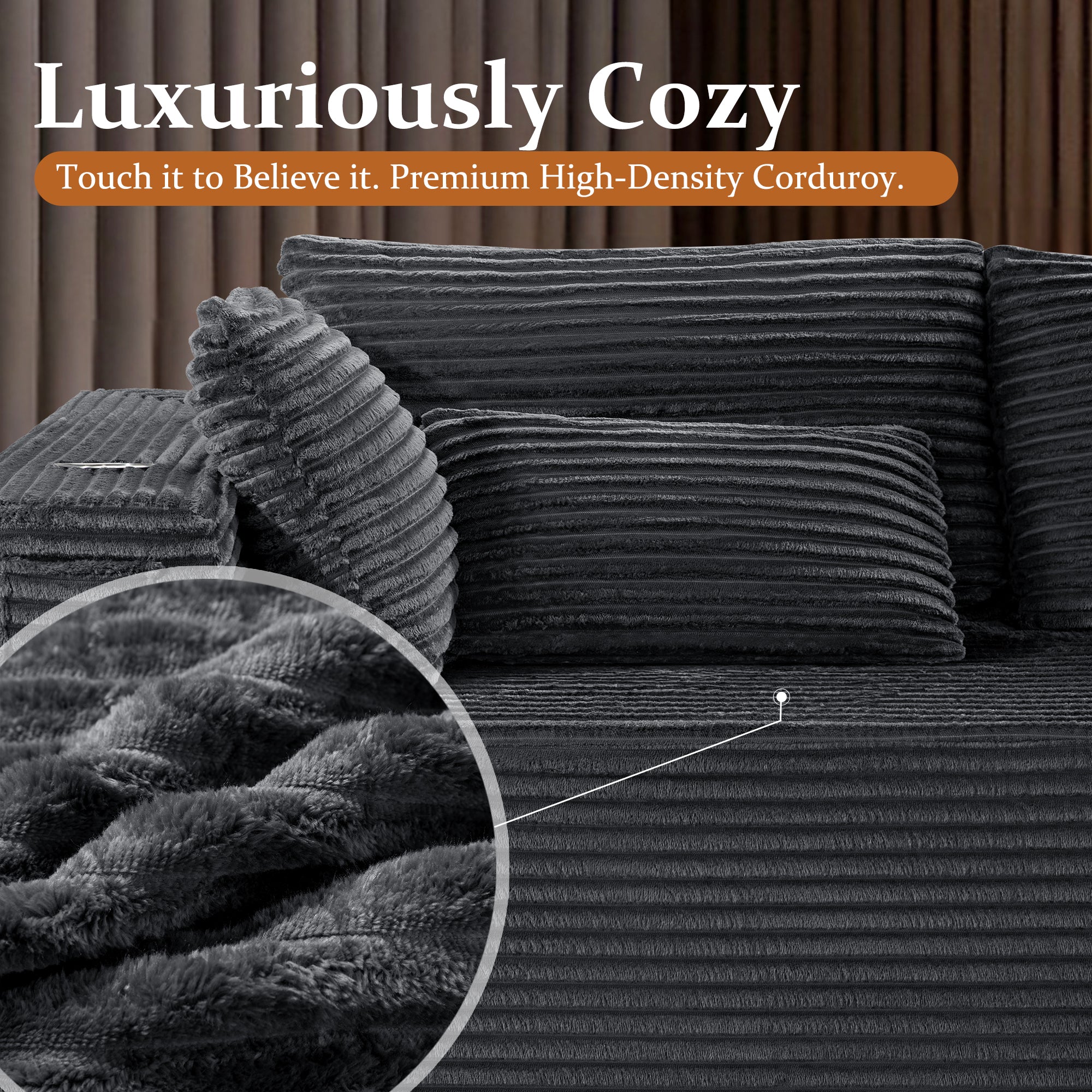 VYUXWO 108" Cloud Sectional Couch, Comfort U Shaped Boneless Couch for Living Room, Extra Deep Seats No Assembly, Minimalist Modular Sofa, Corduroy (Dark Grey, 2 Seater + Left Facing Chaise + Ottoman)